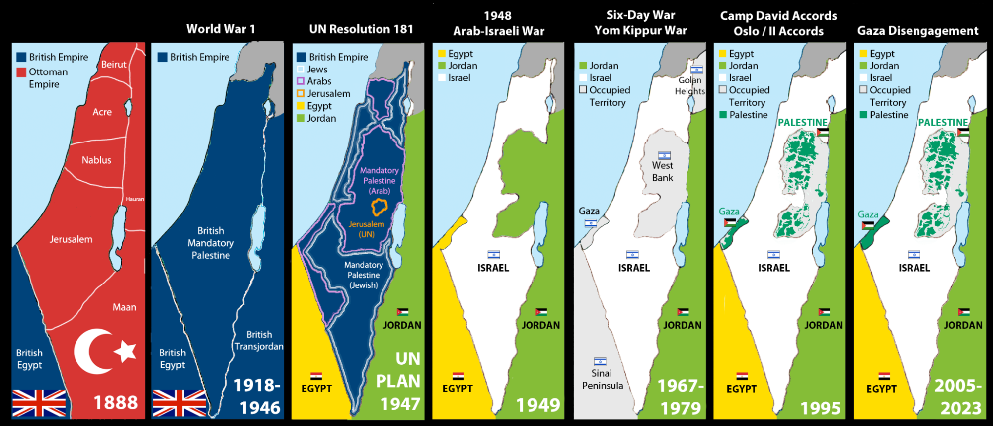 Maps showing Palestine's borders over time between 1888-2023