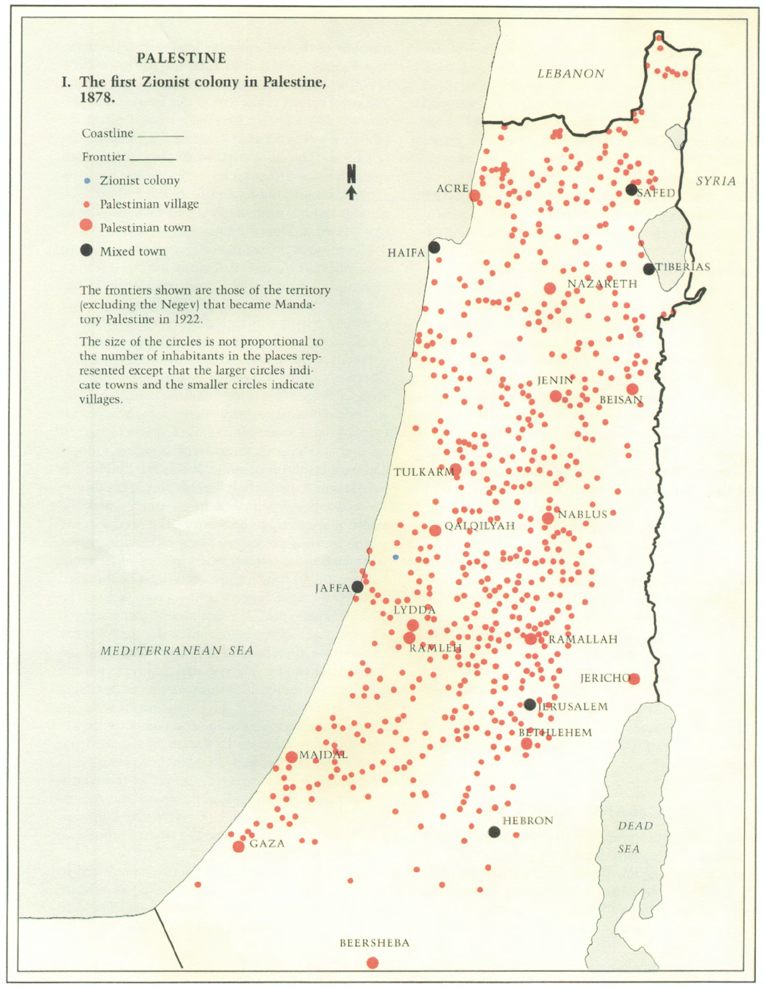 1878 Palestine map showing Palestinian towns and villages, and the first Zionist settler colony Petah Tikva