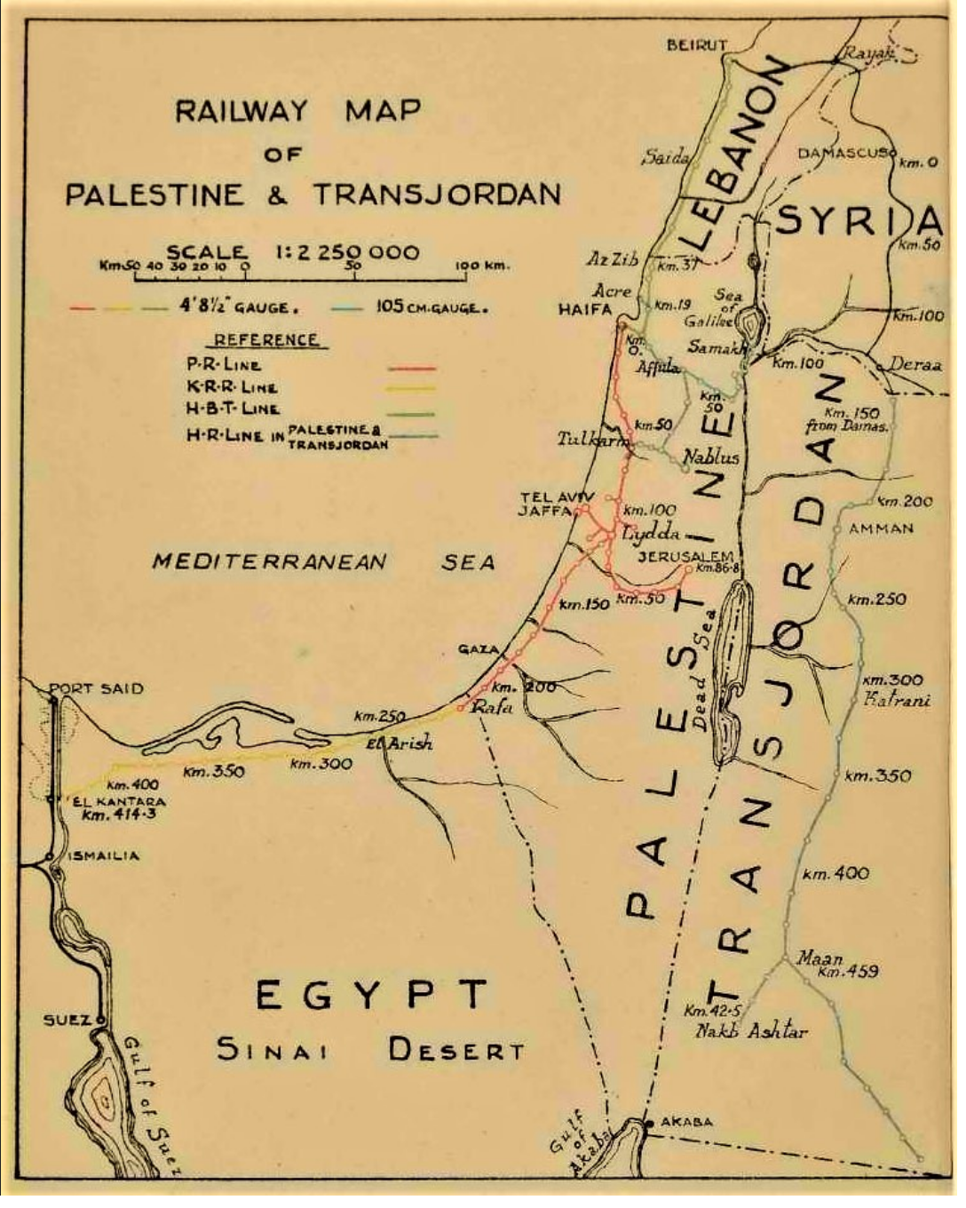 Pre-WWII Railway Map of Palestine & Transjordan