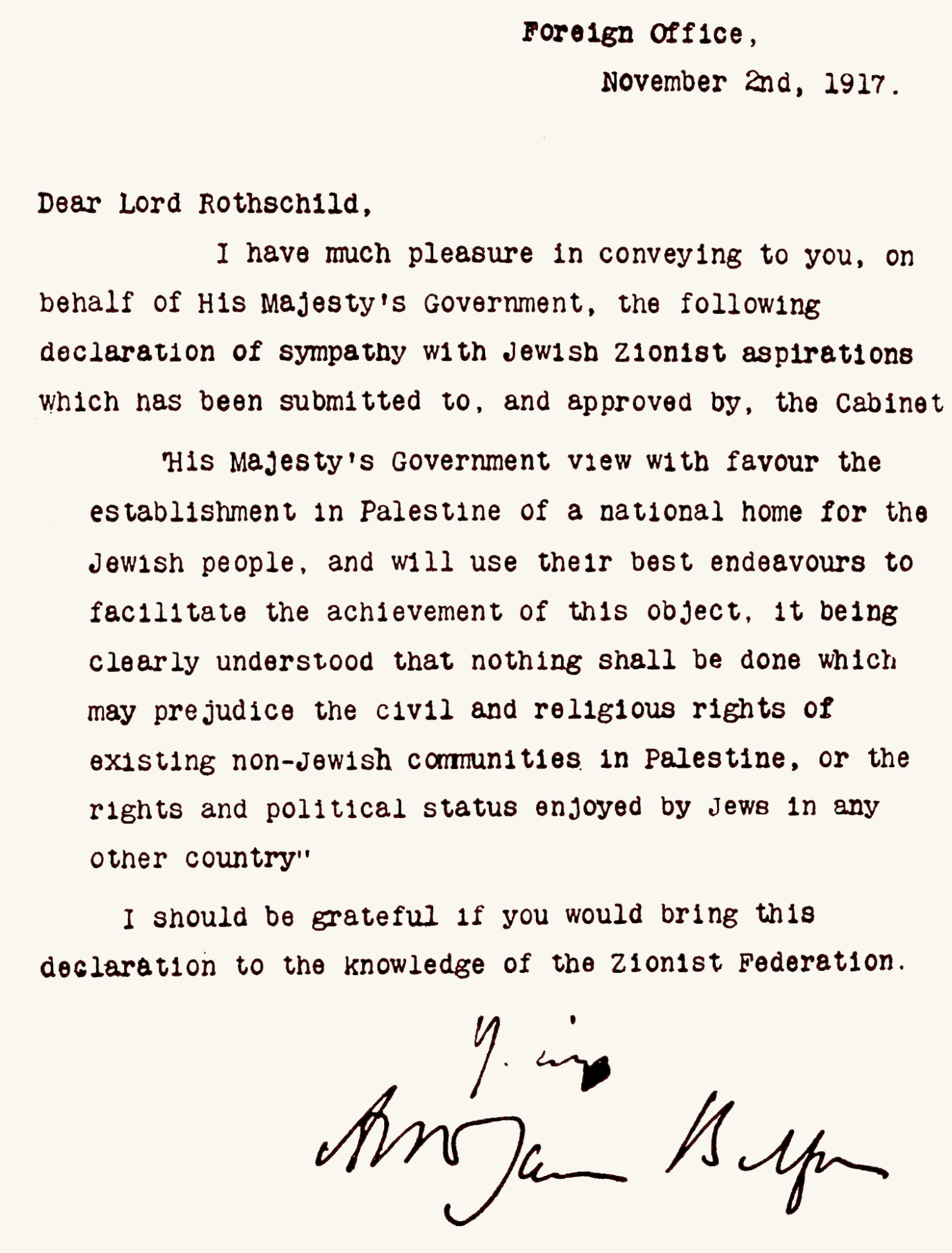 The full text of the infamous Balfour Declaration of 1917